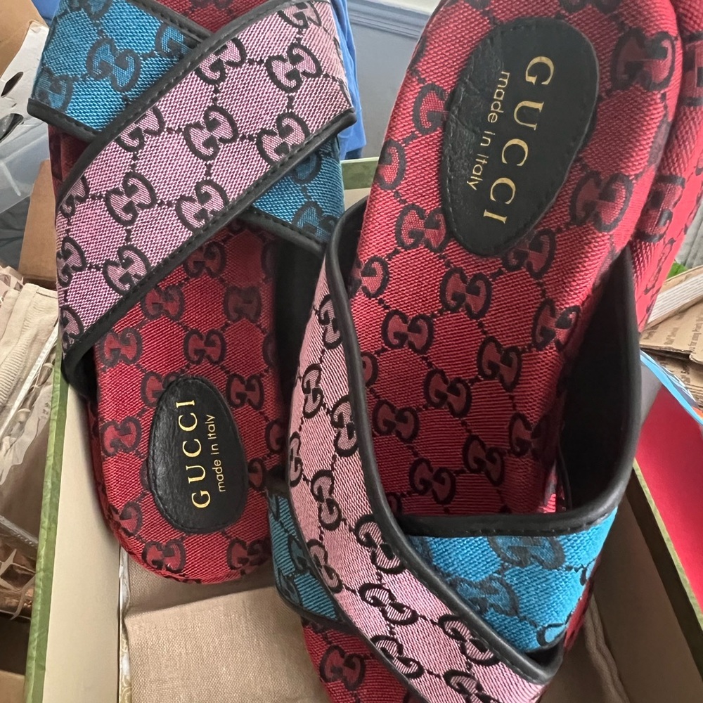 Gucci Multicolor Red Blue Pink GG Canvas Crisscross Sandals